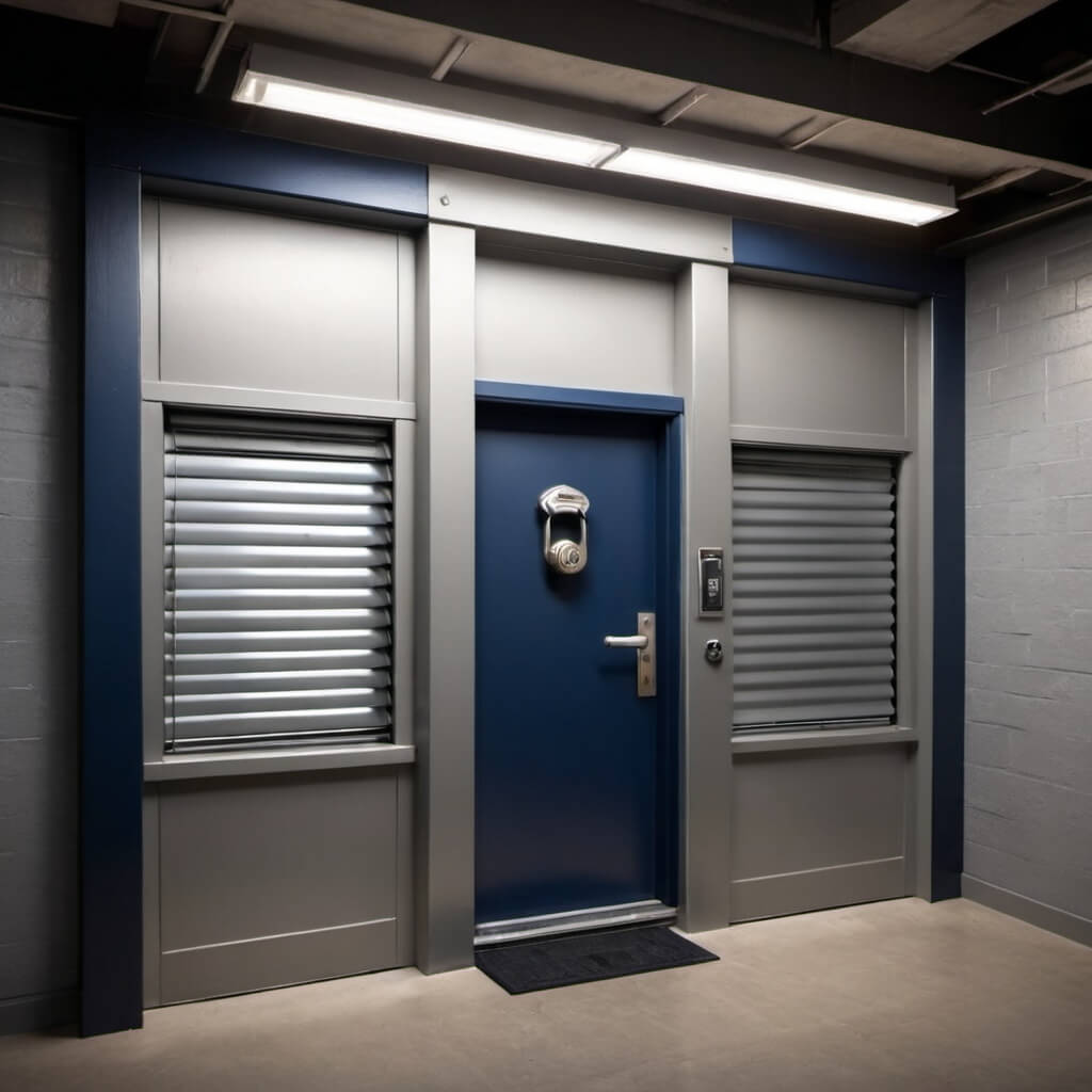 Puerta azul cerrada con persianas de seguridad en pared gris. Interior con luminaria en el techo – ElCerrajero.es.
